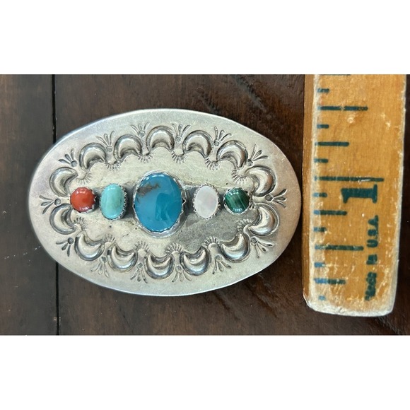 Vintage Navajo Sterling Turquoise Coral Rose Quartz Malachite Brooch - Picture 2 of 5